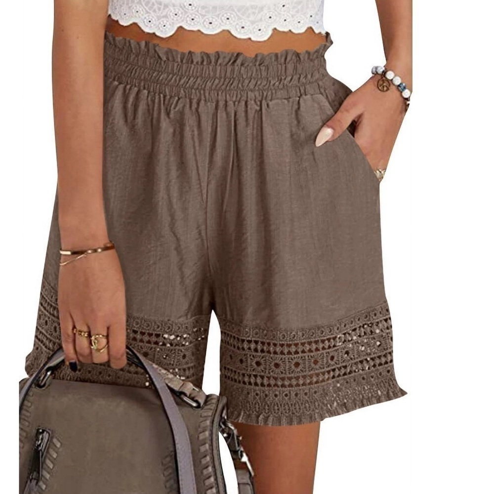 Women Hollow Out Ruffle High Waisted Smocked Pocket Shorts - Picture 2 of 6